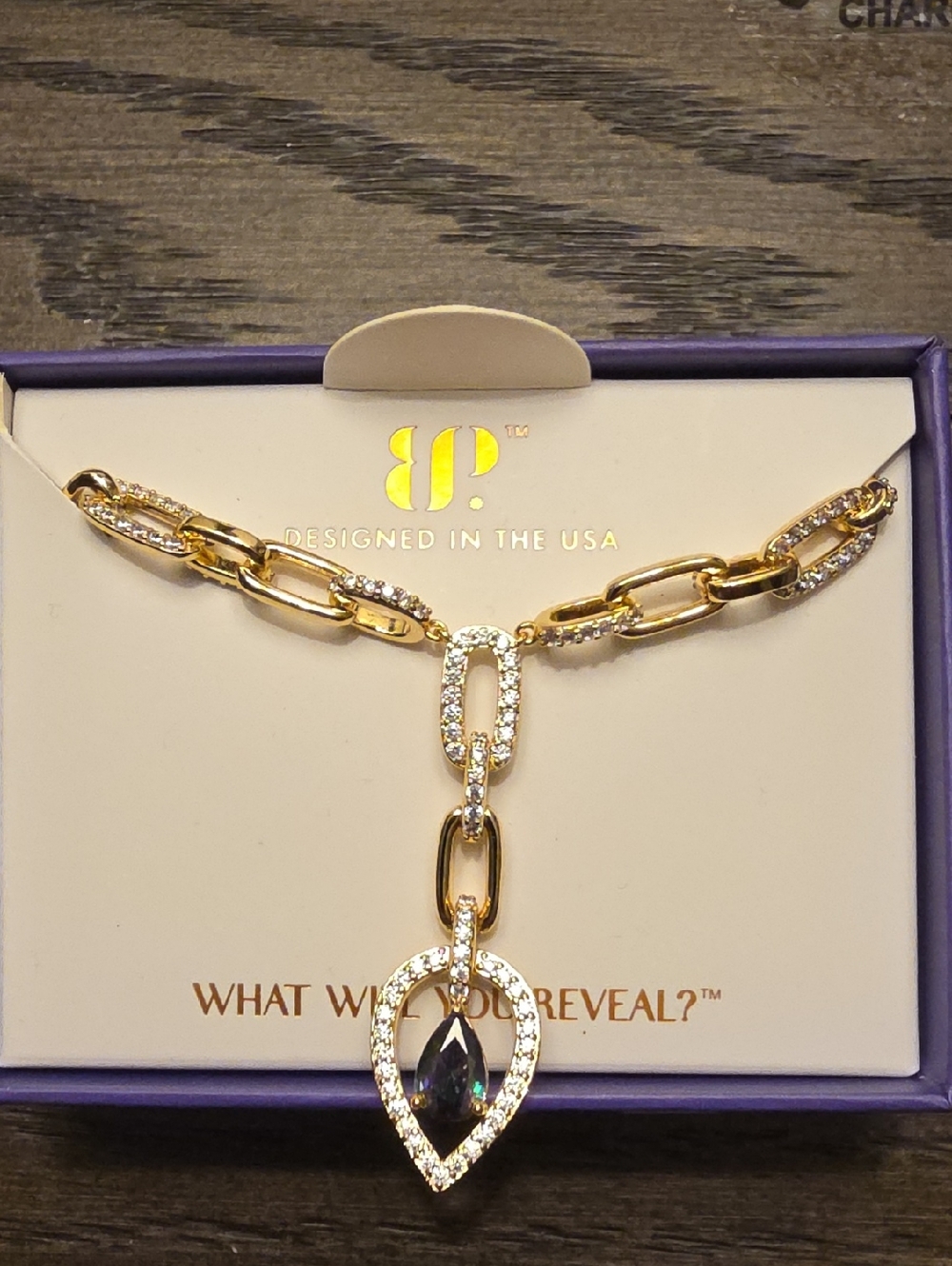 BP June~Gold Tone Teardrop Pendant Necklace with Black Teardrop Crystal